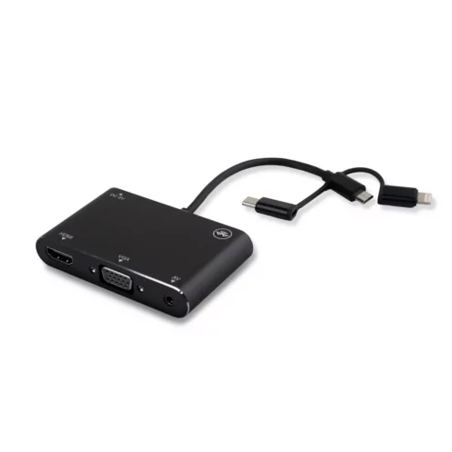 Adaptador 5 en 3 Ligthning + Micro USB + Tipo C para HDMI + VGA con Transmisión de Sonido por Bluetooth