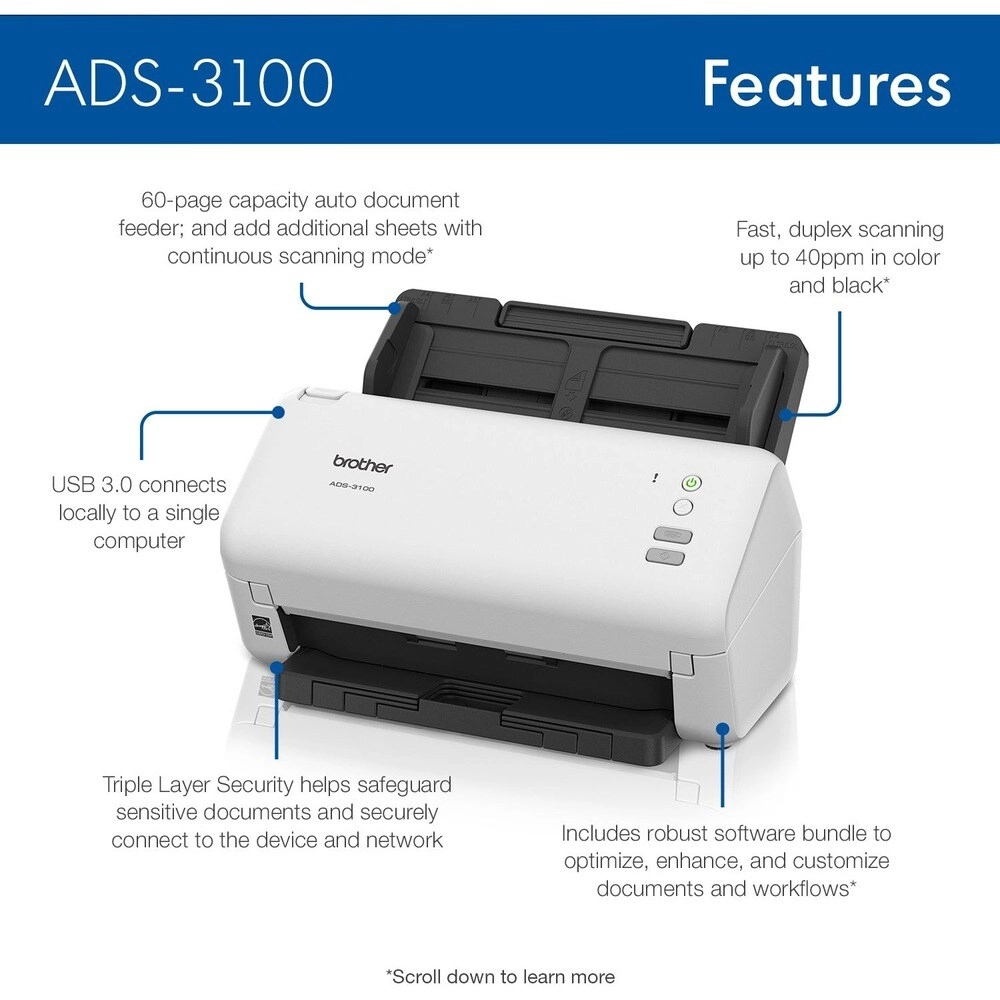 Brother ADS-3100 Escáner Profesional Alta Velocidad 40ppm Duplex para Oficina y Home Office