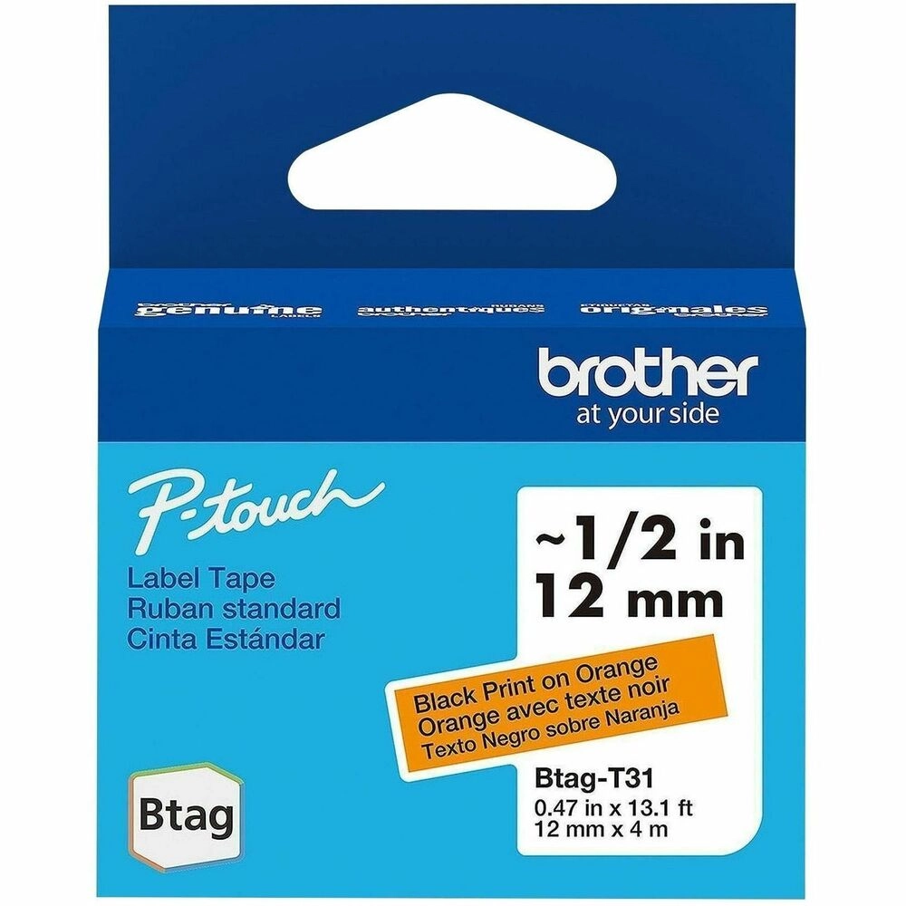 Brother BTAGT31 Cinta P-touch 12mm Negro sobre Naranja 4m - Alta visibilidad para etiquetado profesional