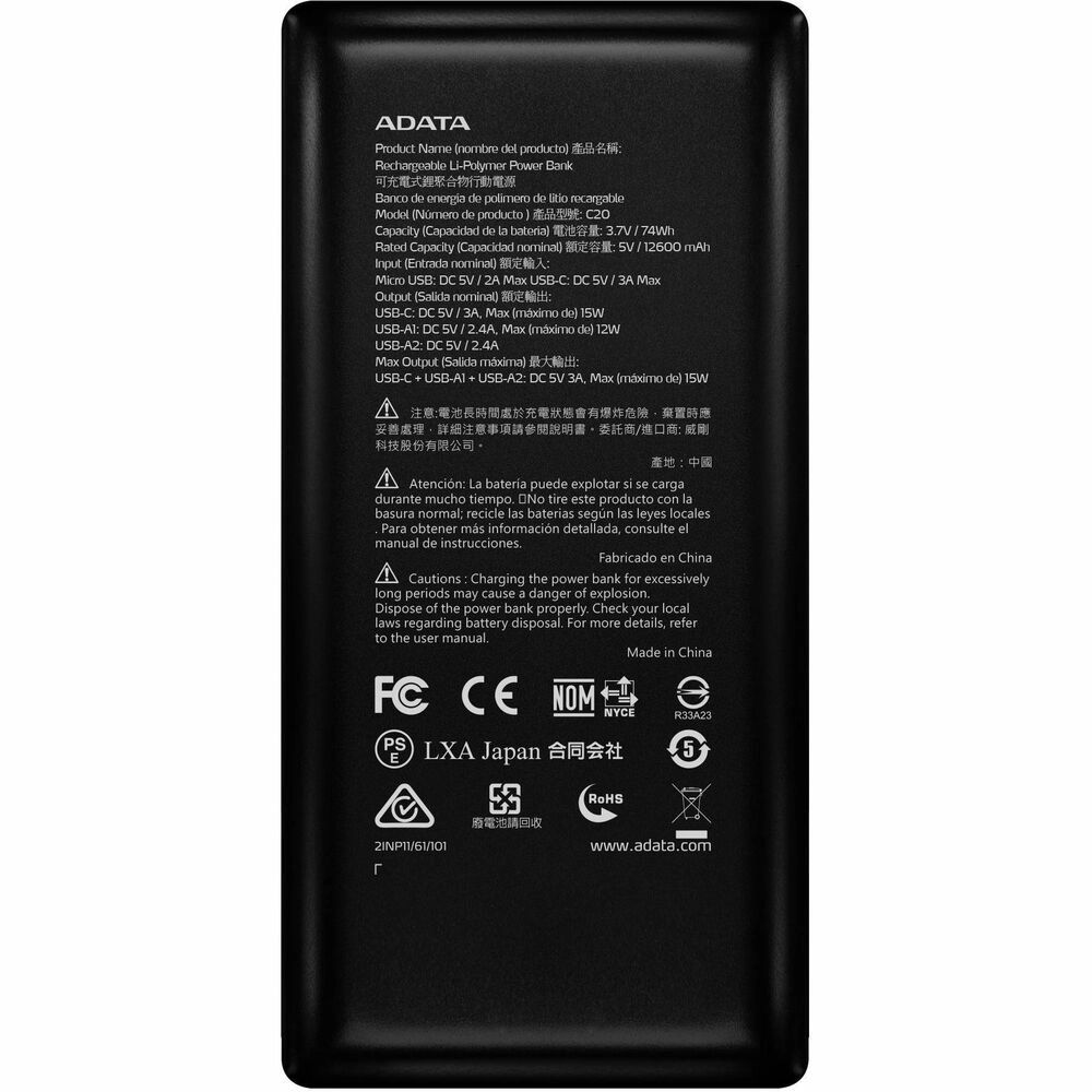 Power Bank ADATA C20 20000mAh Negro - Carga Rápida 3 Dispositivos