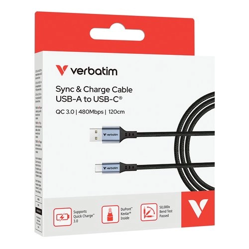 Cable Verbatim USB-A a USB-C 18W Carga Rápida con Kevlar® - Transferencia Ultra Resistente 120cm