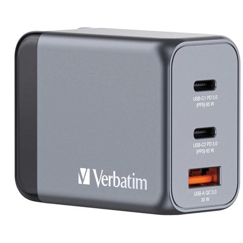 Cargador GaN 65W Verbatim 3 Puertos USB-C+A - Carga Rápida Universal para Laptop y Móvil