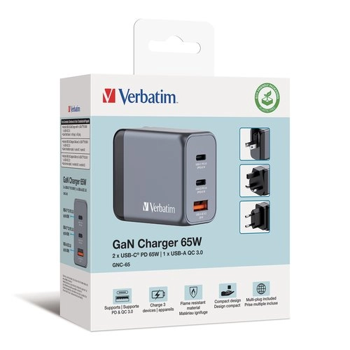 Cargador GaN 65W Verbatim 3 Puertos USB-C+A - Carga Rápida Universal para Laptop y Móvil