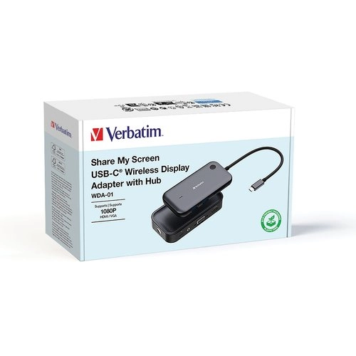 Verbatim Share My Screen USB-C - Adaptador Inalámbrico 1080p con Hub USB y Lector de Tarjetas